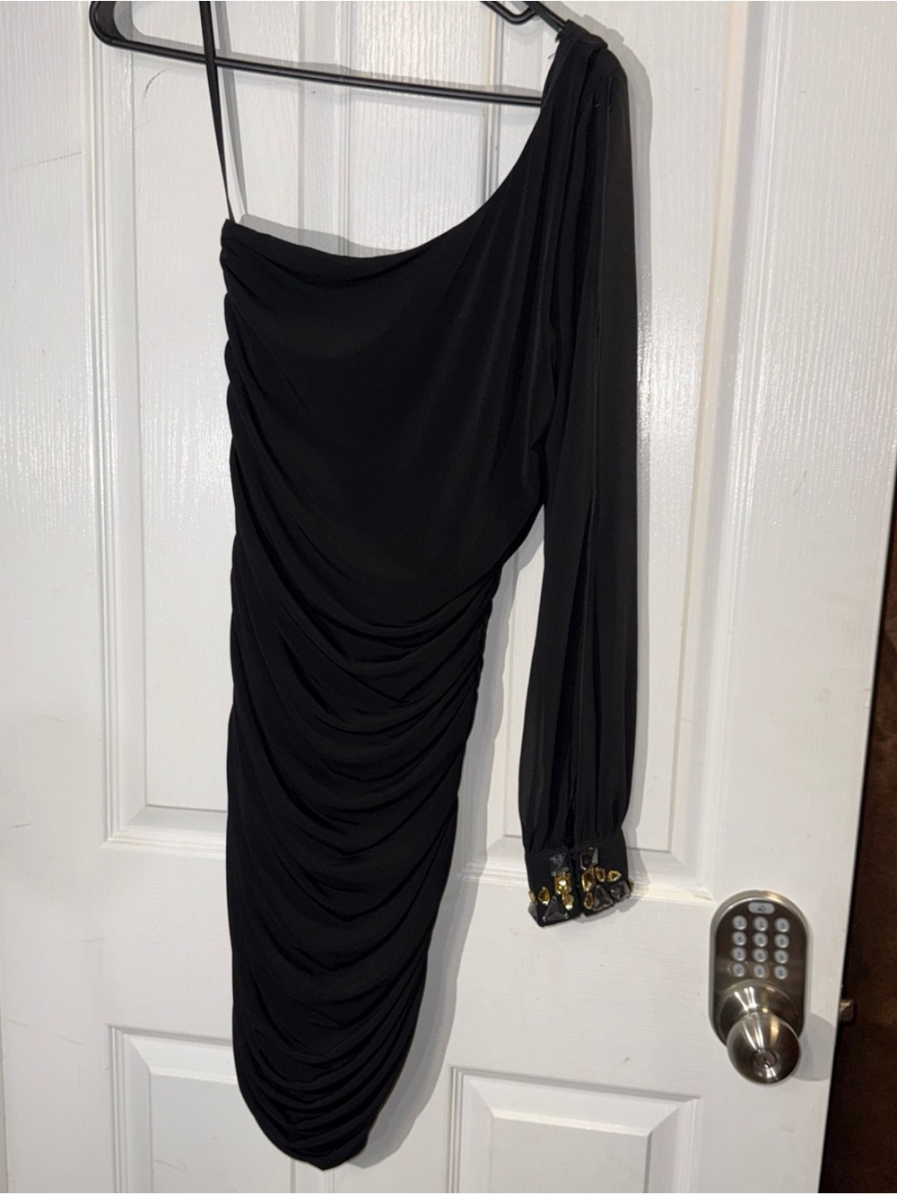 by & by Black One-Shoulder Ruched Cocktail Dress with Beaded Cuff